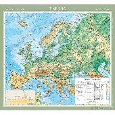 Європа. Фізична карта картон на планках м-б 1 :5 000 000