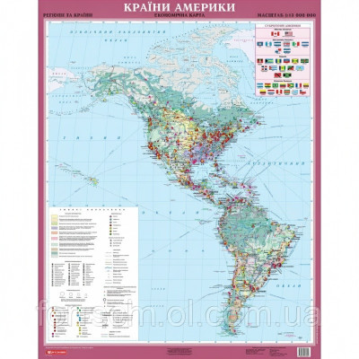 Країни Америки. Економічна карта м-б 1:13 000 000 Навчальна карта картон на планках